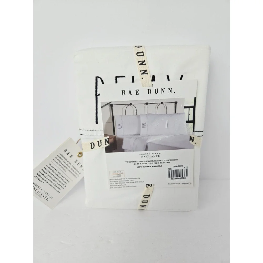 New Rae Dunn RELAX White Cotton Percale‎ Standard Pillowcases set of 2
